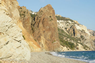 Scenic view of rocks by sea against clear sky
