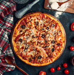 Directly above shot of pizza on table