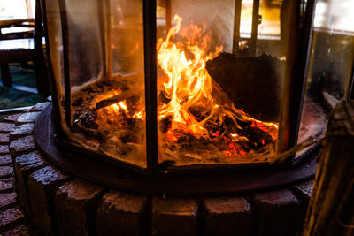 Close-up of fire burning in wood