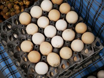 High angle view of eggs in basket