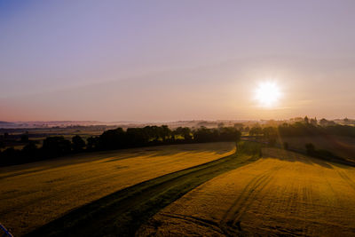 Scenic view of agricultural field against sky during sunset