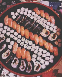 High angle view of candies in plate