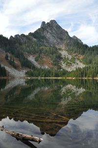 Reflection of mountain on calm lake