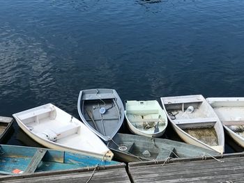 High angle view of boats moored in lake