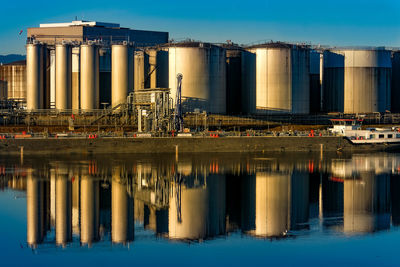 Reflection of factory in river against clear sky