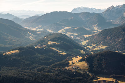 Panoramic view at layers of hills and mountains in the austrian alps near filzmoos, austria.