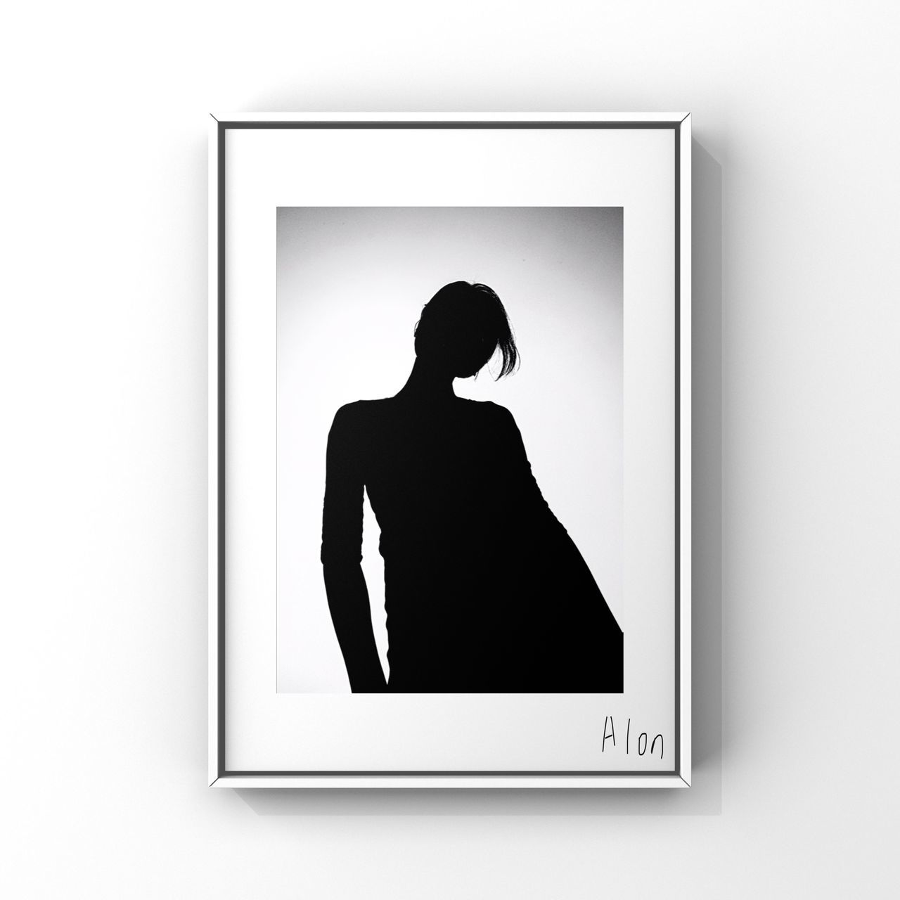 one person, women, real people, indoors, white background, adult, standing, wall - building feature, lifestyles, picture frame, rear view, frame, leisure activity, studio shot, cut out, silhouette, technology, waist up, young adult