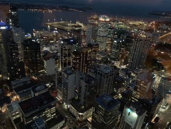 High angle view of illuminated cityscape at night