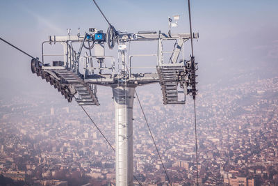 Overhead cable car against sky in city