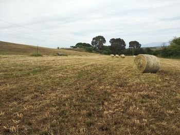 Hay bales on field against sky