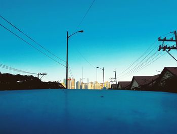 Electricity pylons against clear blue sky