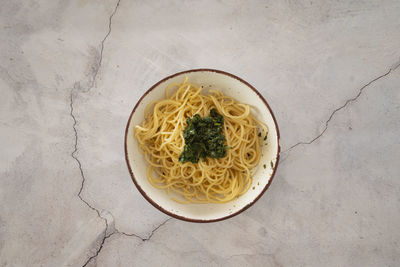High angle view of noodles in bowl on table