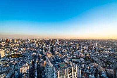 High angle view of city against clear sky