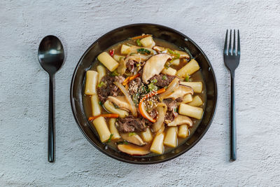 High angle view of food in bowl on table