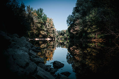 Reflection of trees in lake against sky