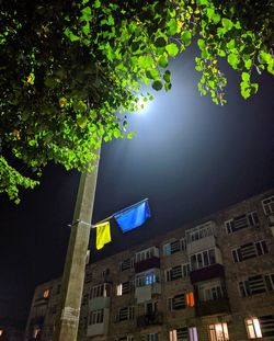 Low angle view of illuminated building against sky at night