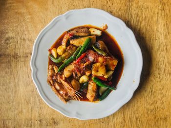 High angle view of food in plate on table