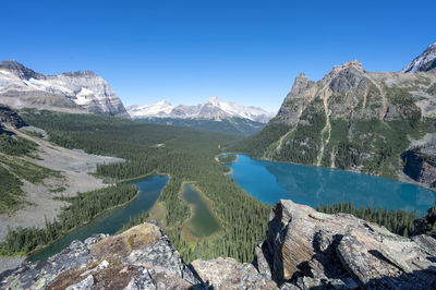 Panoramic view of snowcapped mountains against clear blue sky