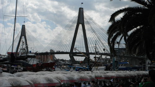 View of suspension bridge against cloudy sky
