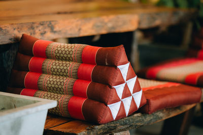 Close-up of pillow on table