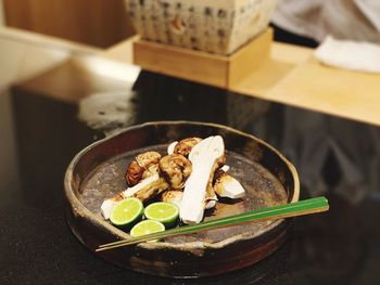 High angle view of food in plate on table