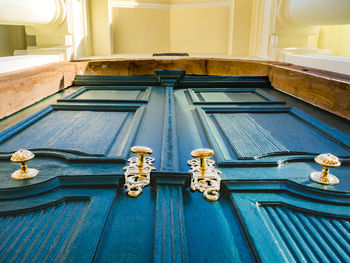 Low angle view of closed door of building