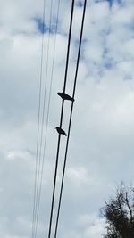 Low angle view of power lines against cloudy sky