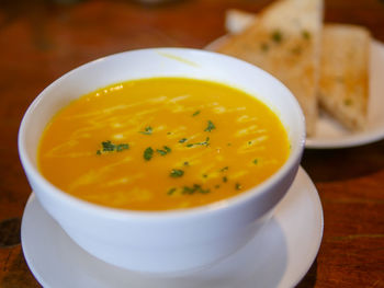 High angle view of soup in bowl on table