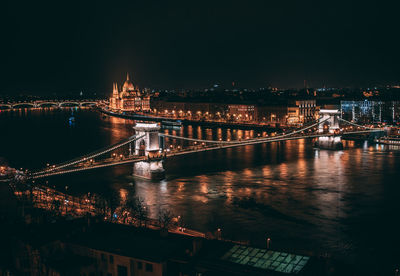 High angle view of szechenyi chain bridge over river against clear sky at night