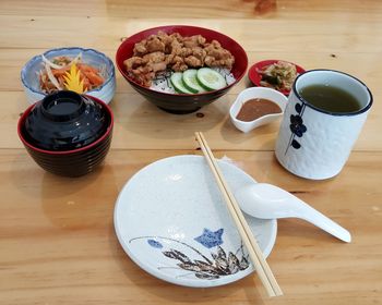 High angle view of dessert served on table