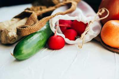 High angle view of fruits in plate on table