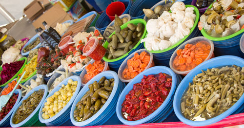 High angle view of various fruits at market stall