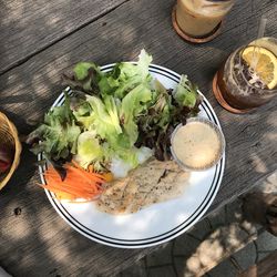 High angle view of food served on table