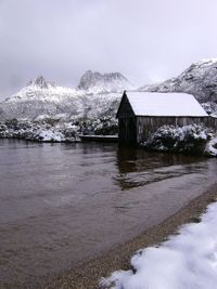 Built structure on snow covered landscape against sky