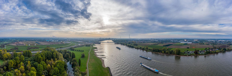 Panoramic view on riverboats on the rhine. aerial photography by drone.