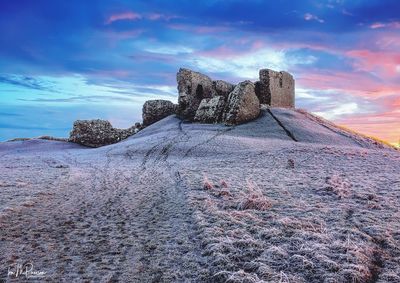 Snow covered landscape against sky during sunset