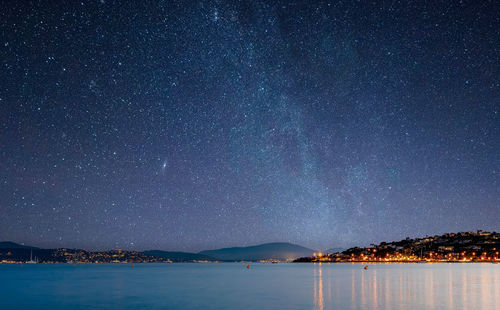 Scenic view of sea against sky at night