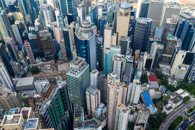 High angle view of modern buildings in city