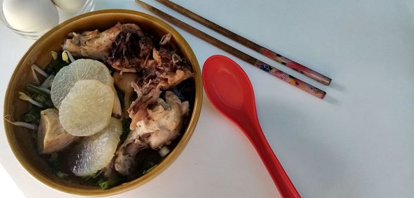 High angle view of food in bowl on table