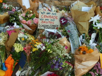 High angle view of various flowers at market stall