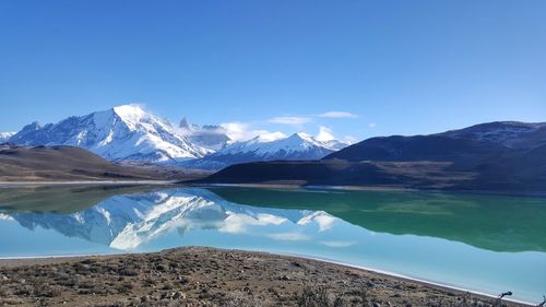 Scenic view of lake and mountains against blue sky