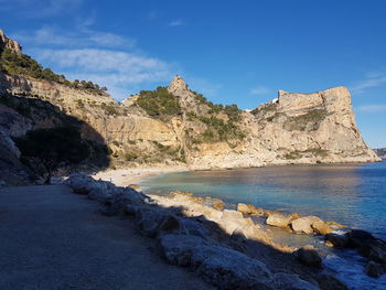 Scenic view of rocks by sea against sky