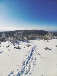 Scenic view of snow covered landscape against blue sky