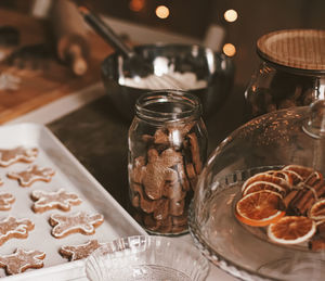 High angle view of glass jar on table