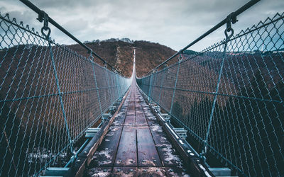 Low angle view of suspension bridge against sky