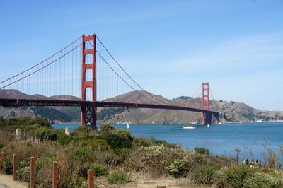 View of suspension bridge over sea