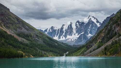 Scenic view of lake and mountains against cloudy sky