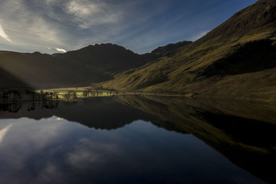 Scenic view of lake and mountains against sky