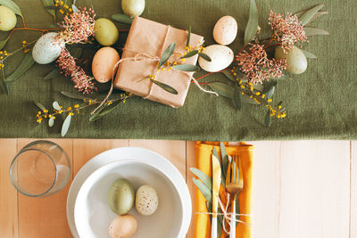 High angle view of easter holiday table decoration