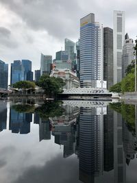 Modern buildings by river against sky in city